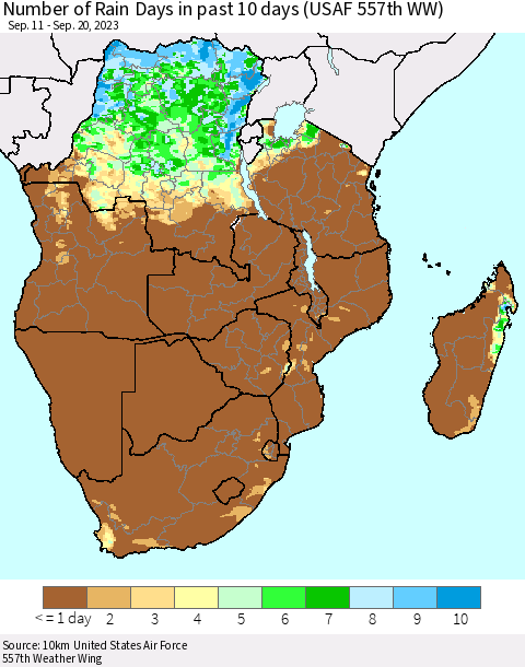 Southern Africa Number of Rain Days in past 10 days (USAF 557th WW) Thematic Map For 9/16/2023 - 9/20/2023