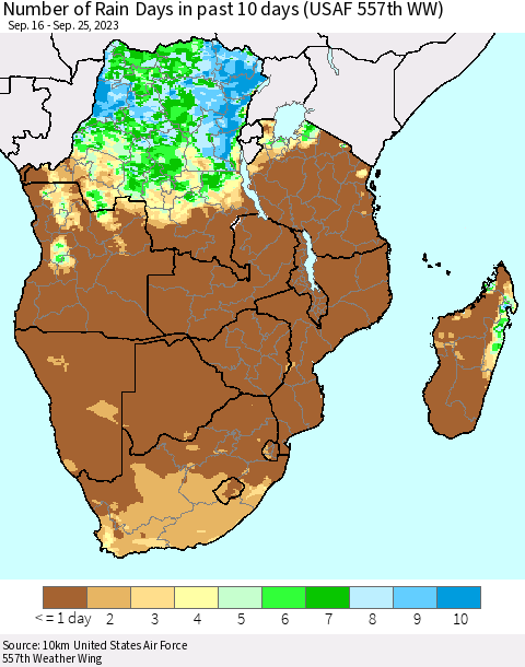 Southern Africa Number of Rain Days in past 10 days (USAF 557th WW) Thematic Map For 9/21/2023 - 9/25/2023