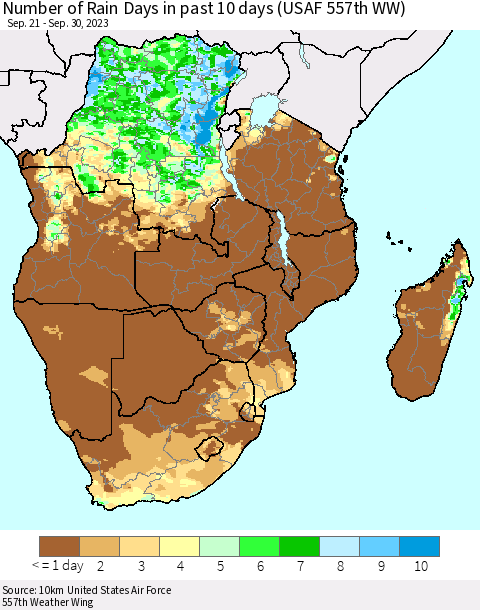 Southern Africa Number of Rain Days in past 10 days (USAF 557th WW) Thematic Map For 9/26/2023 - 9/30/2023