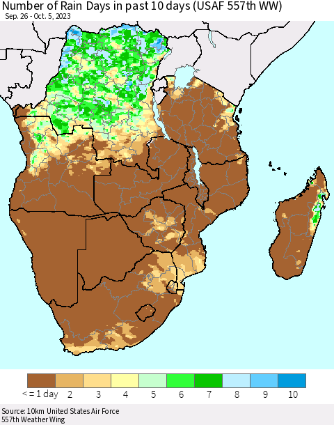 Southern Africa Number of Rain Days in past 10 days (USAF 557th WW) Thematic Map For 10/1/2023 - 10/5/2023