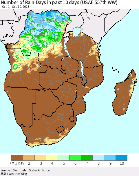 Southern Africa Number of Rain Days in past 10 days (USAF 557th WW) Thematic Map For 10/6/2023 - 10/10/2023