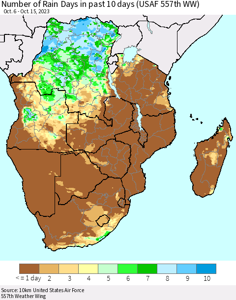 Southern Africa Number of Rain Days in past 10 days (USAF 557th WW) Thematic Map For 10/11/2023 - 10/15/2023