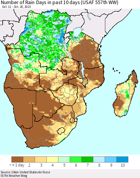 Southern Africa Number of Rain Days in past 10 days (USAF 557th WW) Thematic Map For 10/16/2023 - 10/20/2023