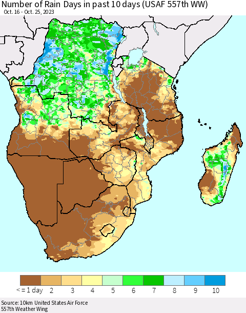 Southern Africa Number of Rain Days in past 10 days (USAF 557th WW) Thematic Map For 10/21/2023 - 10/25/2023