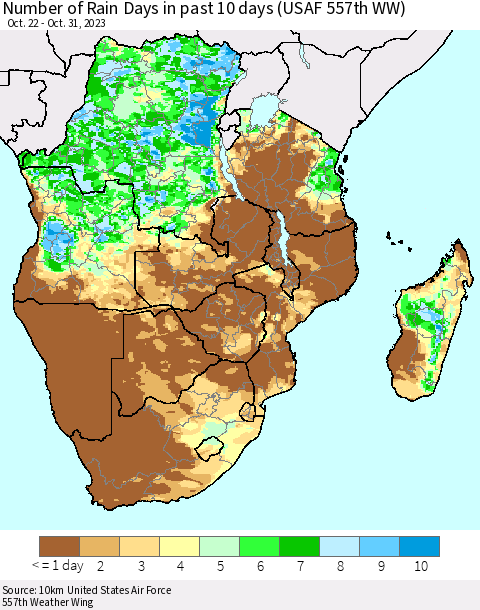 Southern Africa Number of Rain Days in past 10 days (USAF 557th WW) Thematic Map For 10/26/2023 - 10/31/2023