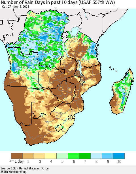 Southern Africa Number of Rain Days in past 10 days (USAF 557th WW) Thematic Map For 11/1/2023 - 11/5/2023