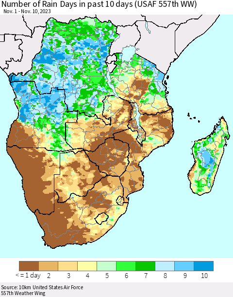 Southern Africa Number of Rain Days in past 10 days (USAF 557th WW) Thematic Map For 11/6/2023 - 11/10/2023