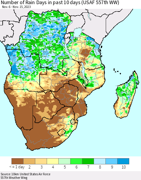 Southern Africa Number of Rain Days in past 10 days (USAF 557th WW) Thematic Map For 11/11/2023 - 11/15/2023