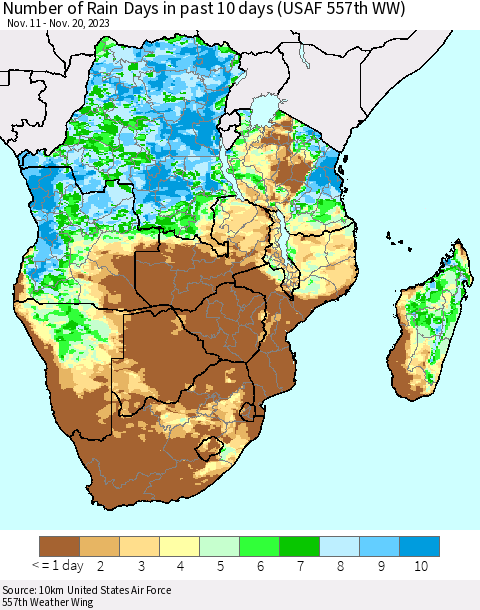 Southern Africa Number of Rain Days in past 10 days (USAF 557th WW) Thematic Map For 11/16/2023 - 11/20/2023