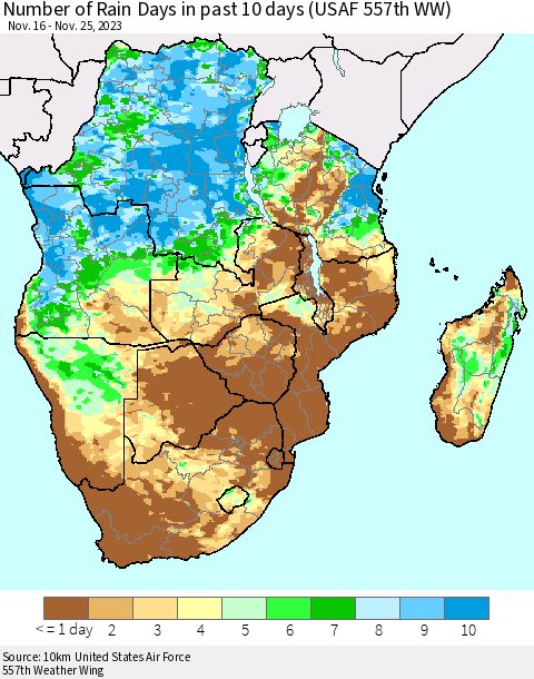 Southern Africa Number of Rain Days in past 10 days (USAF 557th WW) Thematic Map For 11/21/2023 - 11/25/2023