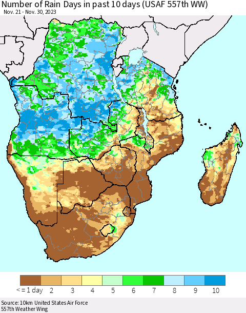 Southern Africa Number of Rain Days in past 10 days (USAF 557th WW) Thematic Map For 11/26/2023 - 11/30/2023