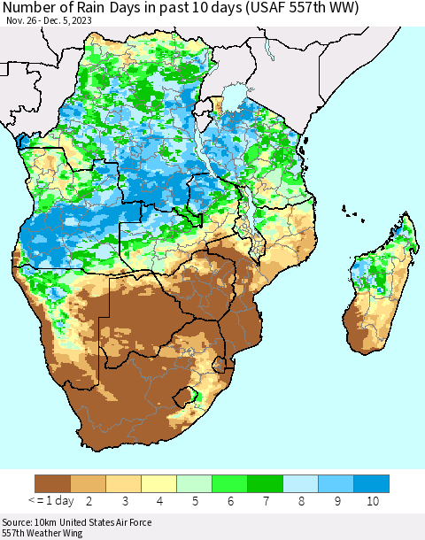 Southern Africa Number of Rain Days in past 10 days (USAF 557th WW) Thematic Map For 12/1/2023 - 12/5/2023