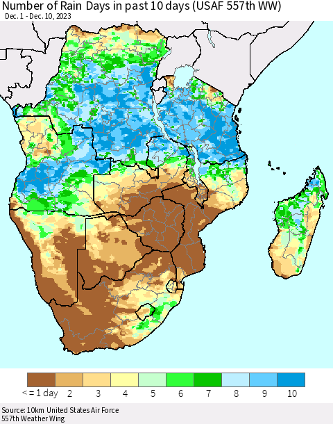 Southern Africa Number of Rain Days in past 10 days (USAF 557th WW) Thematic Map For 12/6/2023 - 12/10/2023