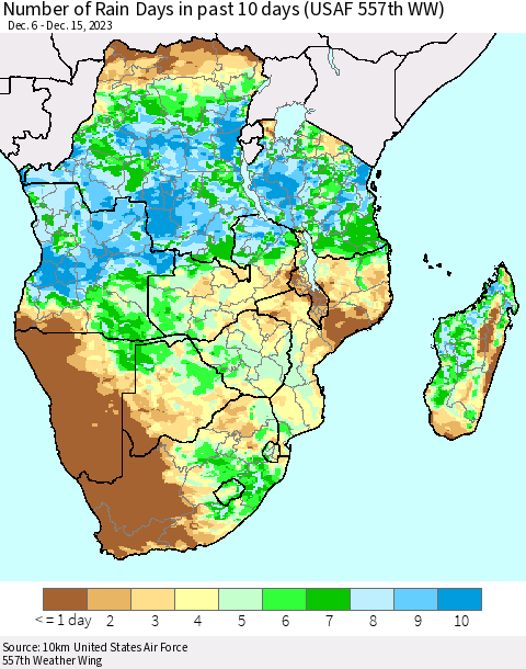 Southern Africa Number of Rain Days in past 10 days (USAF 557th WW) Thematic Map For 12/11/2023 - 12/15/2023