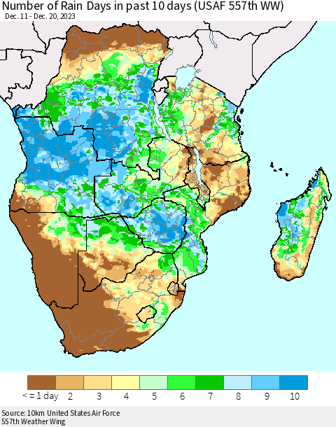 Southern Africa Number of Rain Days in past 10 days (USAF 557th WW) Thematic Map For 12/16/2023 - 12/20/2023