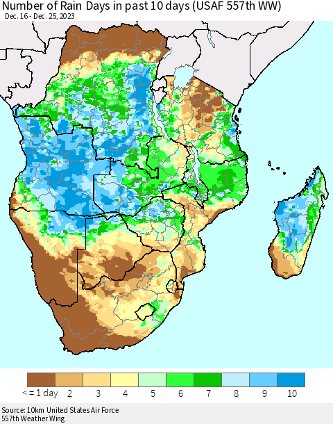 Southern Africa Number of Rain Days in past 10 days (USAF 557th WW) Thematic Map For 12/21/2023 - 12/25/2023
