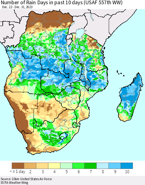 Southern Africa Number of Rain Days in past 10 days (USAF 557th WW) Thematic Map For 12/26/2023 - 12/31/2023