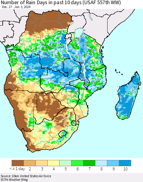 Southern Africa Number of Rain Days in past 10 days (USAF 557th WW) Thematic Map For 1/1/2024 - 1/5/2024