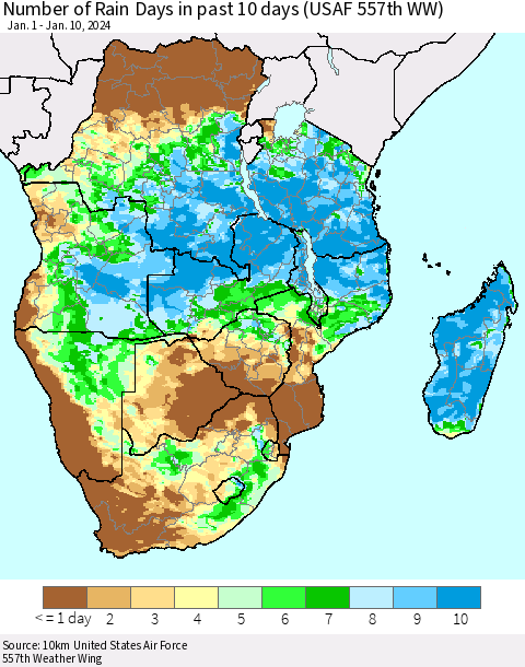 Southern Africa Number of Rain Days in past 10 days (USAF 557th WW) Thematic Map For 1/6/2024 - 1/10/2024