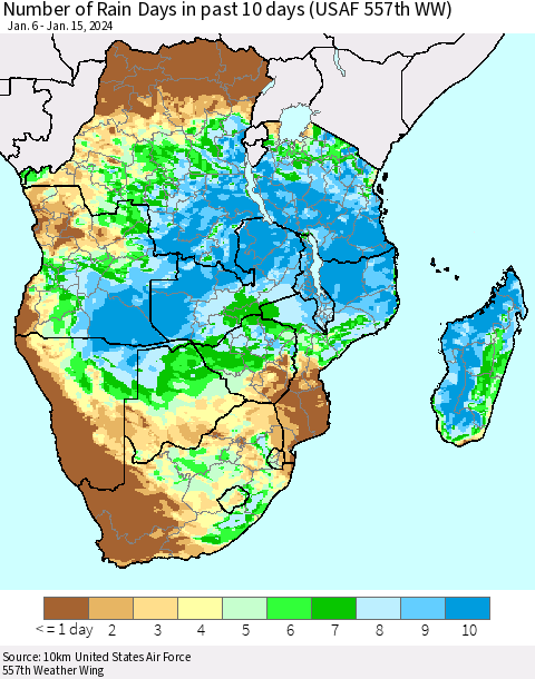 Southern Africa Number of Rain Days in past 10 days (USAF 557th WW) Thematic Map For 1/11/2024 - 1/15/2024