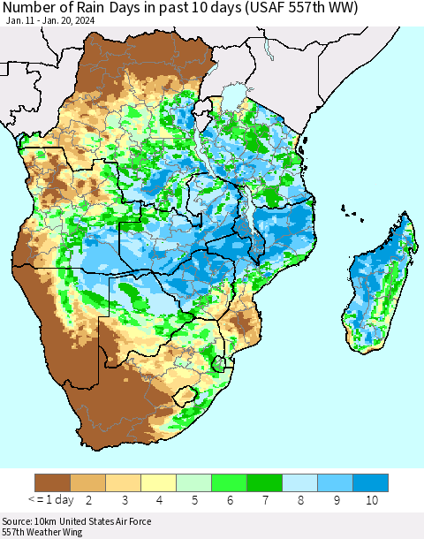 Southern Africa Number of Rain Days in past 10 days (USAF 557th WW) Thematic Map For 1/16/2024 - 1/20/2024