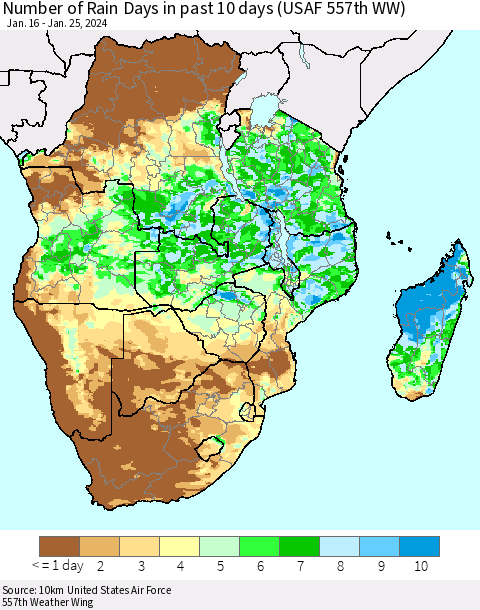 Southern Africa Number of Rain Days in past 10 days (USAF 557th WW) Thematic Map For 1/21/2024 - 1/25/2024