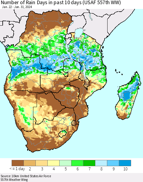 Southern Africa Number of Rain Days in past 10 days (USAF 557th WW) Thematic Map For 1/26/2024 - 1/31/2024