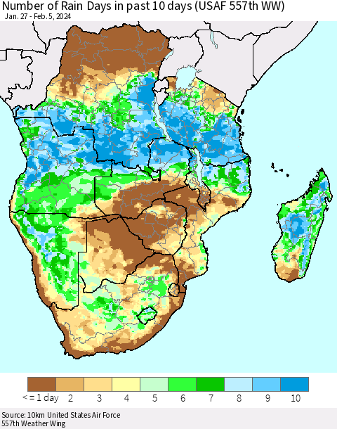 Southern Africa Number of Rain Days in past 10 days (USAF 557th WW) Thematic Map For 2/1/2024 - 2/5/2024