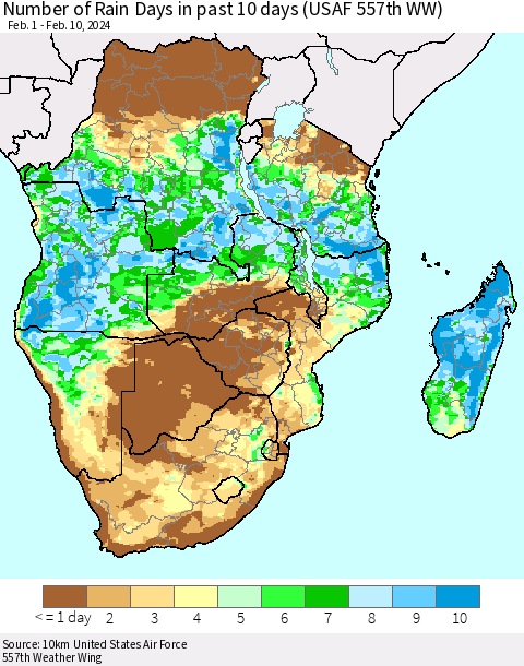 Southern Africa Number of Rain Days in past 10 days (USAF 557th WW) Thematic Map For 2/6/2024 - 2/10/2024