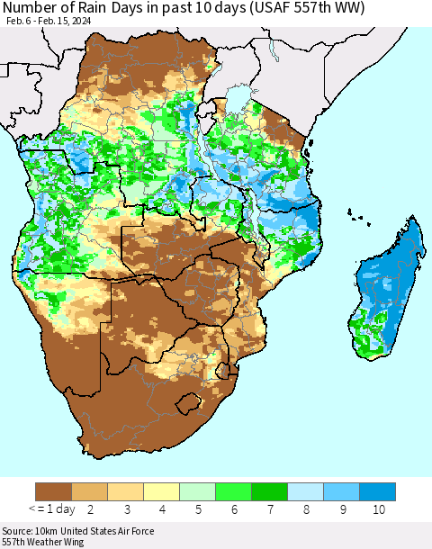 Southern Africa Number of Rain Days in past 10 days (USAF 557th WW) Thematic Map For 2/11/2024 - 2/15/2024
