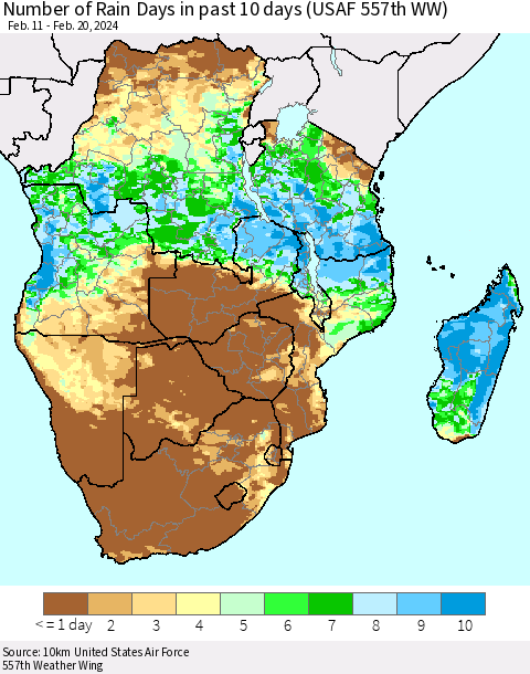 Southern Africa Number of Rain Days in past 10 days (USAF 557th WW) Thematic Map For 2/16/2024 - 2/20/2024