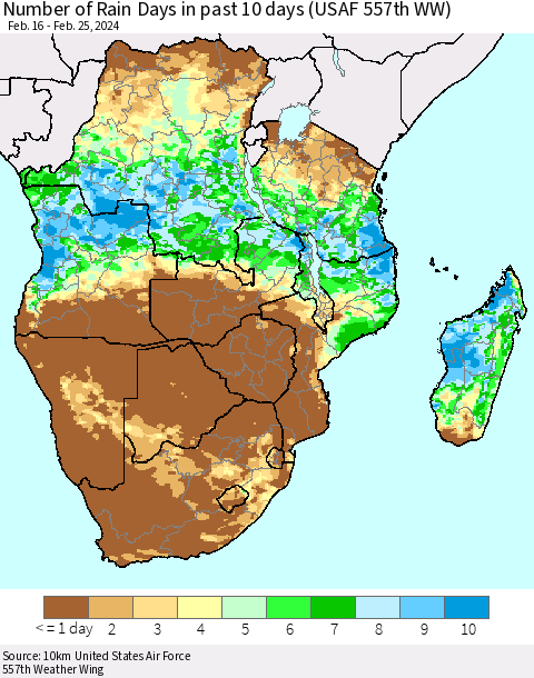 Southern Africa Number of Rain Days in past 10 days (USAF 557th WW) Thematic Map For 2/21/2024 - 2/25/2024