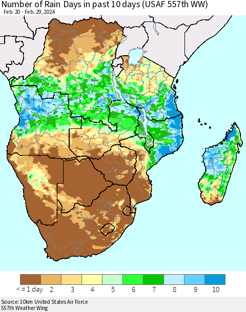 Southern Africa Number of Rain Days in past 10 days (USAF 557th WW) Thematic Map For 2/26/2024 - 2/29/2024