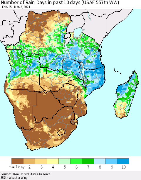 Southern Africa Number of Rain Days in past 10 days (USAF 557th WW) Thematic Map For 3/1/2024 - 3/5/2024