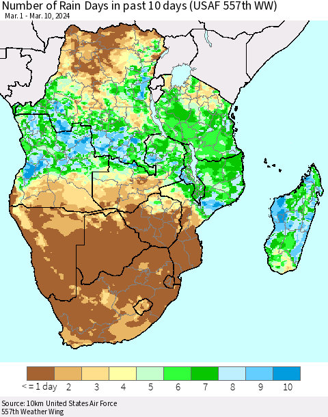 Southern Africa Number of Rain Days in past 10 days (USAF 557th WW) Thematic Map For 3/6/2024 - 3/10/2024
