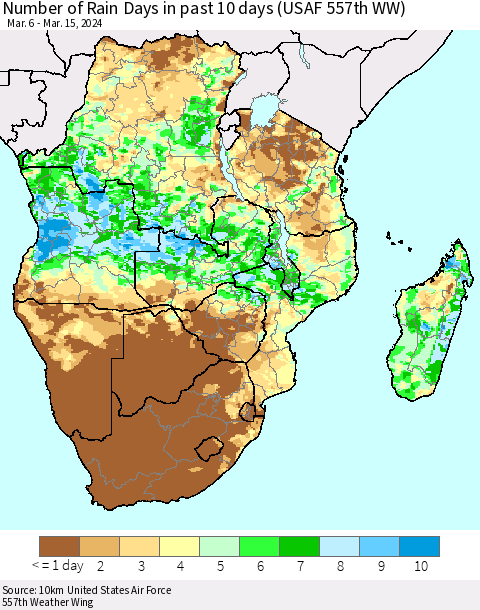 Southern Africa Number of Rain Days in past 10 days (USAF 557th WW) Thematic Map For 3/11/2024 - 3/15/2024