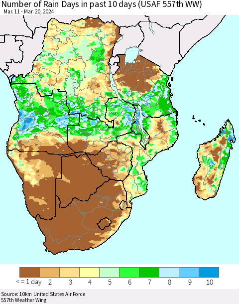 Southern Africa Number of Rain Days in past 10 days (USAF 557th WW) Thematic Map For 3/16/2024 - 3/20/2024