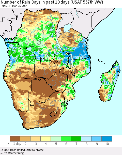 Southern Africa Number of Rain Days in past 10 days (USAF 557th WW) Thematic Map For 3/21/2024 - 3/25/2024