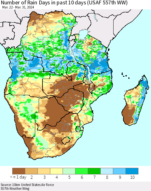 Southern Africa Number of Rain Days in past 10 days (USAF 557th WW) Thematic Map For 3/26/2024 - 3/31/2024