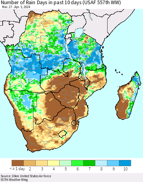 Southern Africa Number of Rain Days in past 10 days (USAF 557th WW) Thematic Map For 4/1/2024 - 4/5/2024