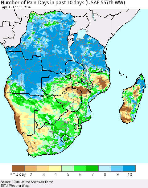 Southern Africa Number of Rain Days in past 10 days (USAF 557th WW) Thematic Map For 4/6/2024 - 4/10/2024