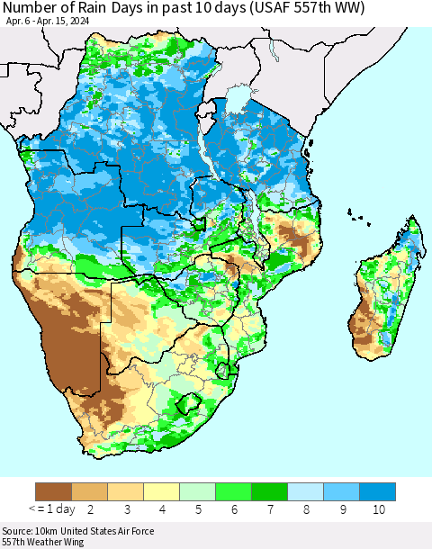 Southern Africa Number of Rain Days in past 10 days (USAF 557th WW) Thematic Map For 4/11/2024 - 4/15/2024