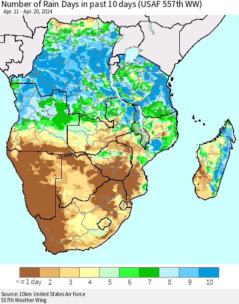 Southern Africa Number of Rain Days in past 10 days (USAF 557th WW) Thematic Map For 4/16/2024 - 4/20/2024