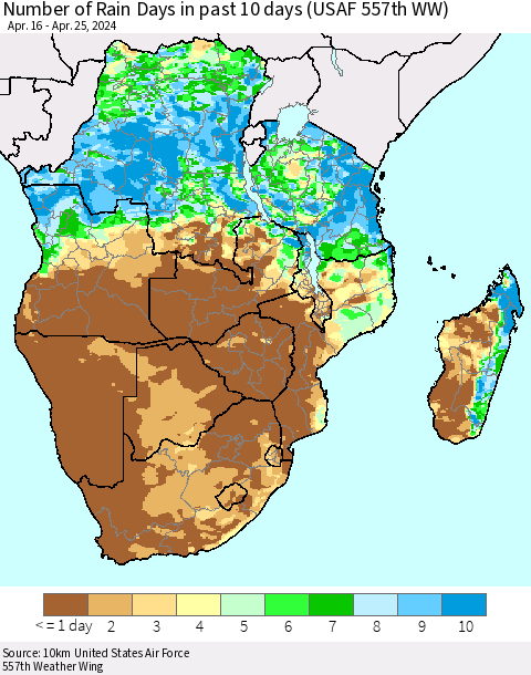 Southern Africa Number of Rain Days in past 10 days (USAF 557th WW) Thematic Map For 4/21/2024 - 4/25/2024