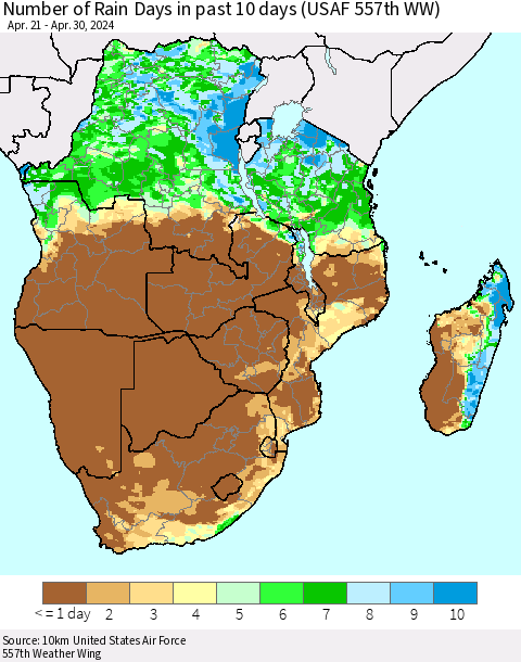 Southern Africa Number of Rain Days in past 10 days (USAF 557th WW) Thematic Map For 4/26/2024 - 4/30/2024