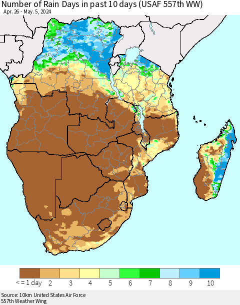 Southern Africa Number of Rain Days in past 10 days (USAF 557th WW) Thematic Map For 5/1/2024 - 5/5/2024