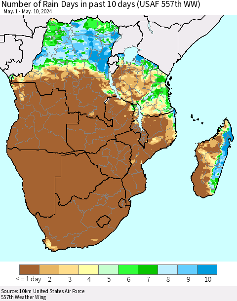 Southern Africa Number of Rain Days in past 10 days (USAF 557th WW) Thematic Map For 5/6/2024 - 5/10/2024