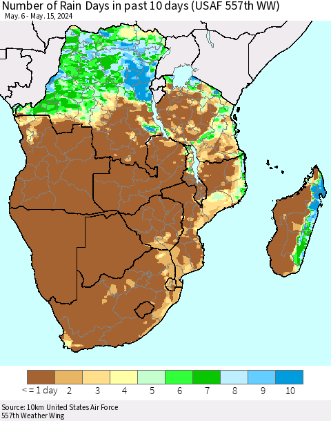 Southern Africa Number of Rain Days in past 10 days (USAF 557th WW) Thematic Map For 5/11/2024 - 5/15/2024