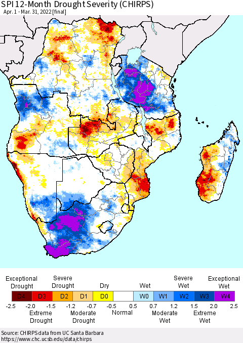 Southern Africa SPI 12-Month Drought Severity (CHIRPS) Thematic Map For 4/1/2021 - 3/31/2022