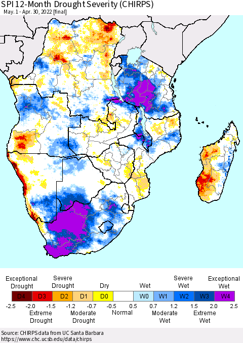 Southern Africa SPI 12-Month Drought Severity (CHIRPS) Thematic Map For 5/1/2021 - 4/30/2022